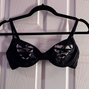 Black Heart Cut-Out Faux Leather Bra with Satin Laces and Light Pink Details